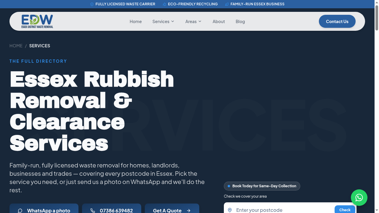 Essex District Waste Removal — services directory page on Lovable